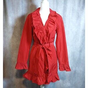 Chapter One Womens Red Ruffled Trench Coat  Size Small